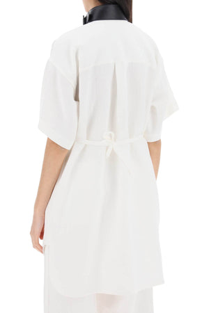 FERRAGAMO White Midi Chemisier Dress with Faux Leather Strap and Buckle