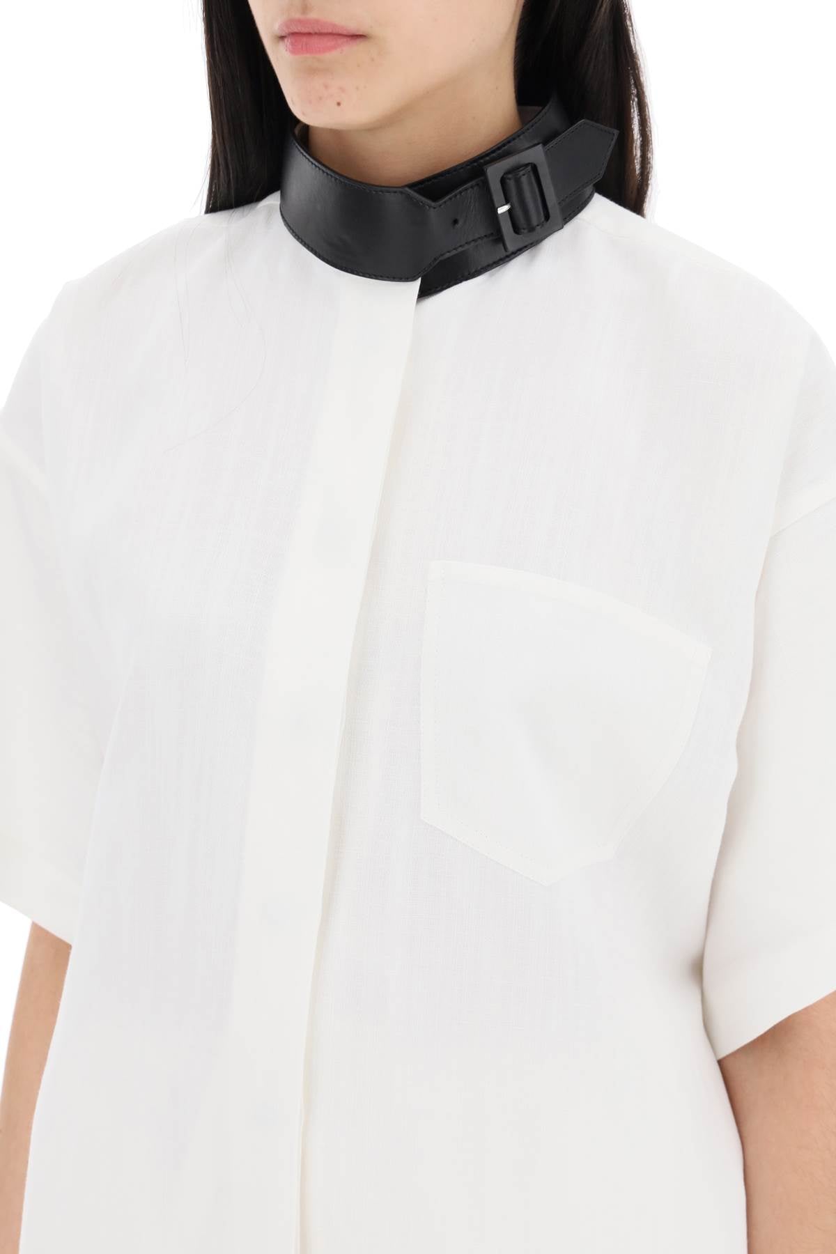 FERRAGAMO White Midi Chemisier Dress with Faux Leather Strap and Buckle