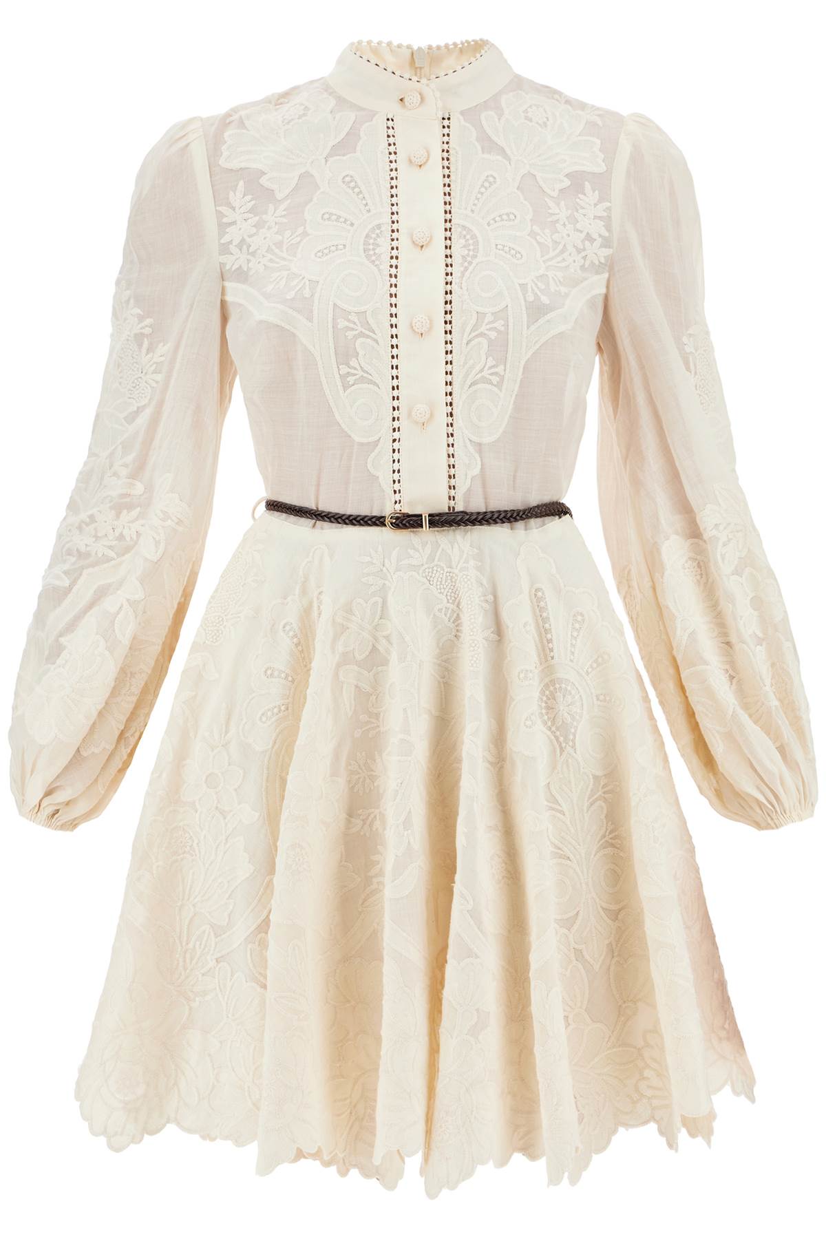 ZIMMERMANN Embroidered Linen Mini Flare Dress with Braided Belt