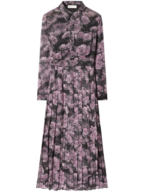 TORY BURCH Floral Print Silk Maxi Dress with Pleated Skirt