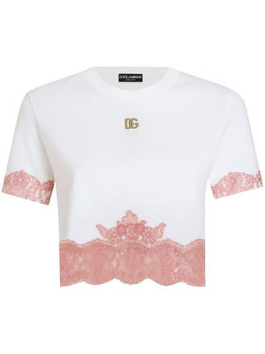 DOLCE & GABBANA Cropped T-Shirt with DG Logo and Lace Inserts