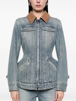 ALEXANDER MCQUEEN Corduroy Collar Peplum Denim Jacket