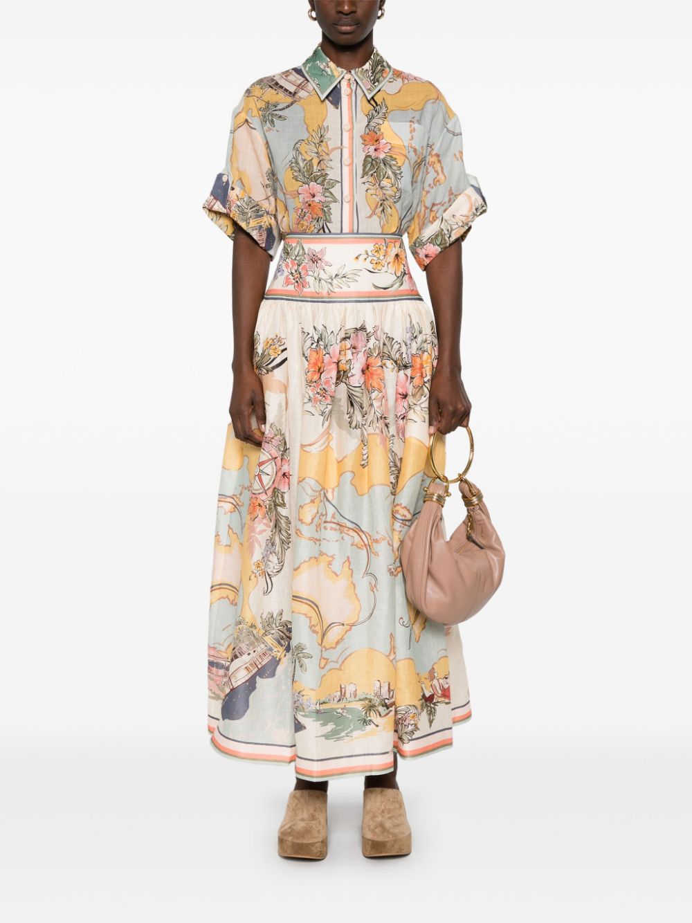 ZIMMERMANN Floral Printed Linen Midi Skirt