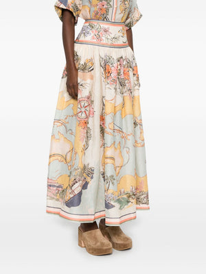 ZIMMERMANN Floral Printed Linen Midi Skirt