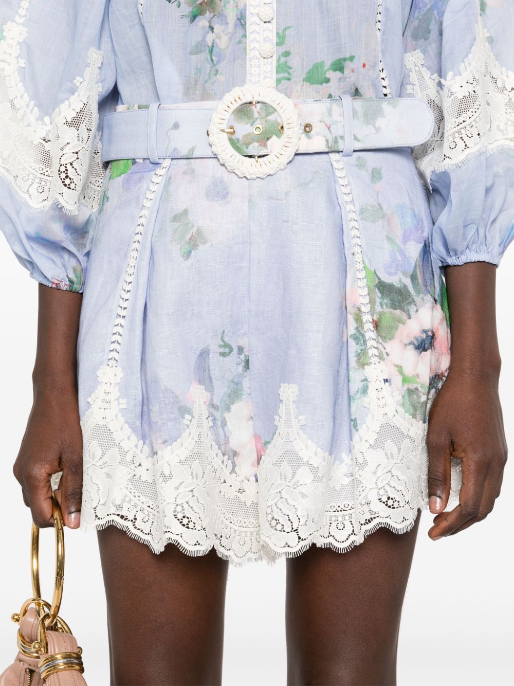 ZIMMERMANN Floral Printed Linen Mini Shorts with Coordinated Belt