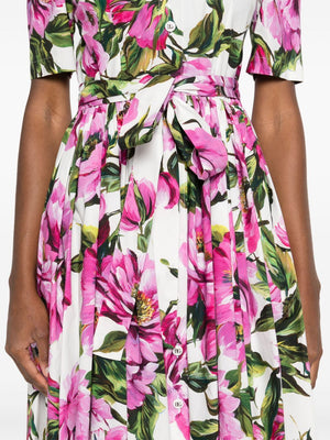 DOLCE & GABBANA Peony Print Short Sleeved Cotton Midi Dress