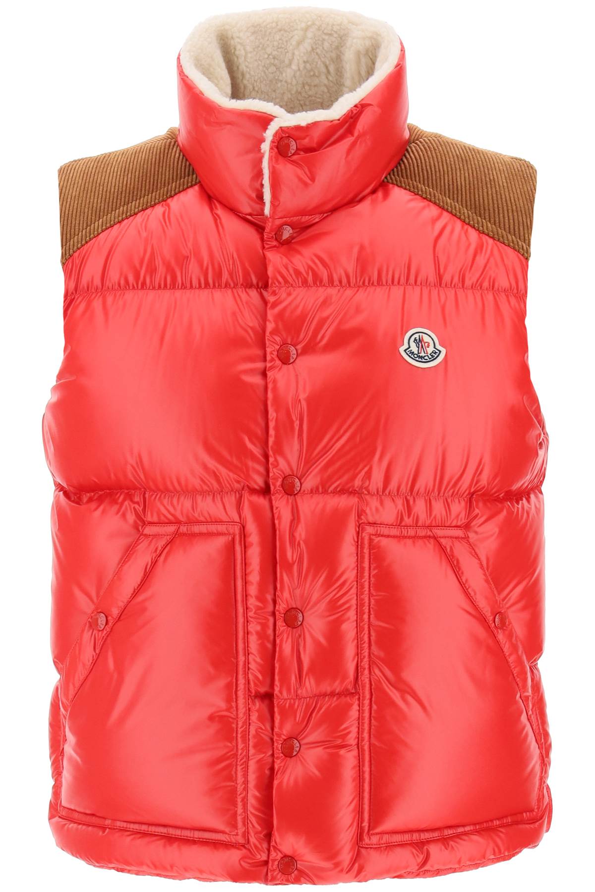 MONCLER 赤いウール混ボディーウォーマージャケット・ベルベットディテール付き