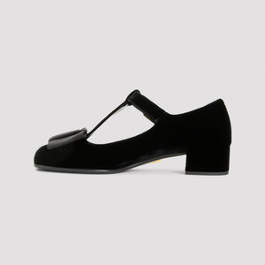 PRADA T-Strap Logo Bow Velvet Pumps - 3.5cm Heel Height