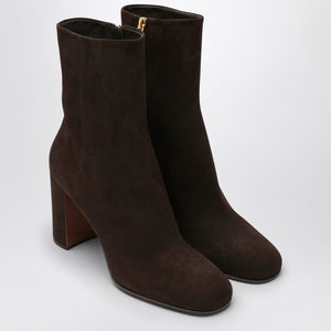 PRADA Suede Round Toe Boot with Side Zip and Logo Triangle Heel