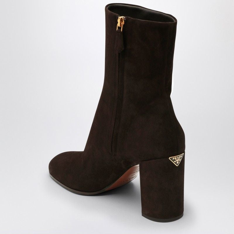 PRADA Suede Round Toe Boot with Side Zip and Logo Triangle Heel