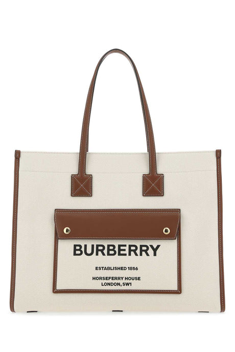 BURBERRY Two-tone Leather and Canvas Medium Freya Shopping Bag