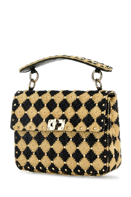 VALENTINO GARAVANI Two-Tone Raffia Medium Rockstud Spike Handbag