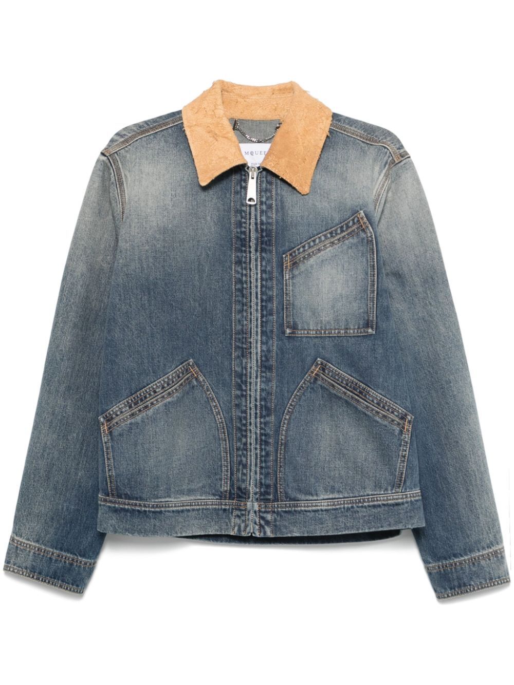 ALEXANDER MCQUEEN Suede-Collared Zip-Up Denim Jacket