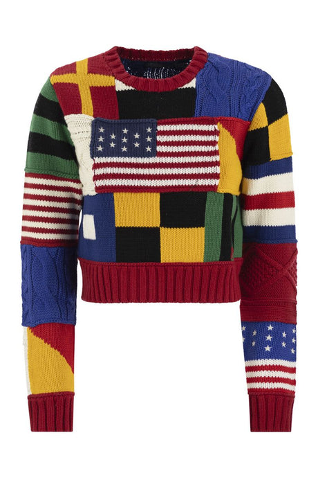 POLO RALPH LAUREN Crew-Neck Sweatshirt with American Flag Patchwork Design