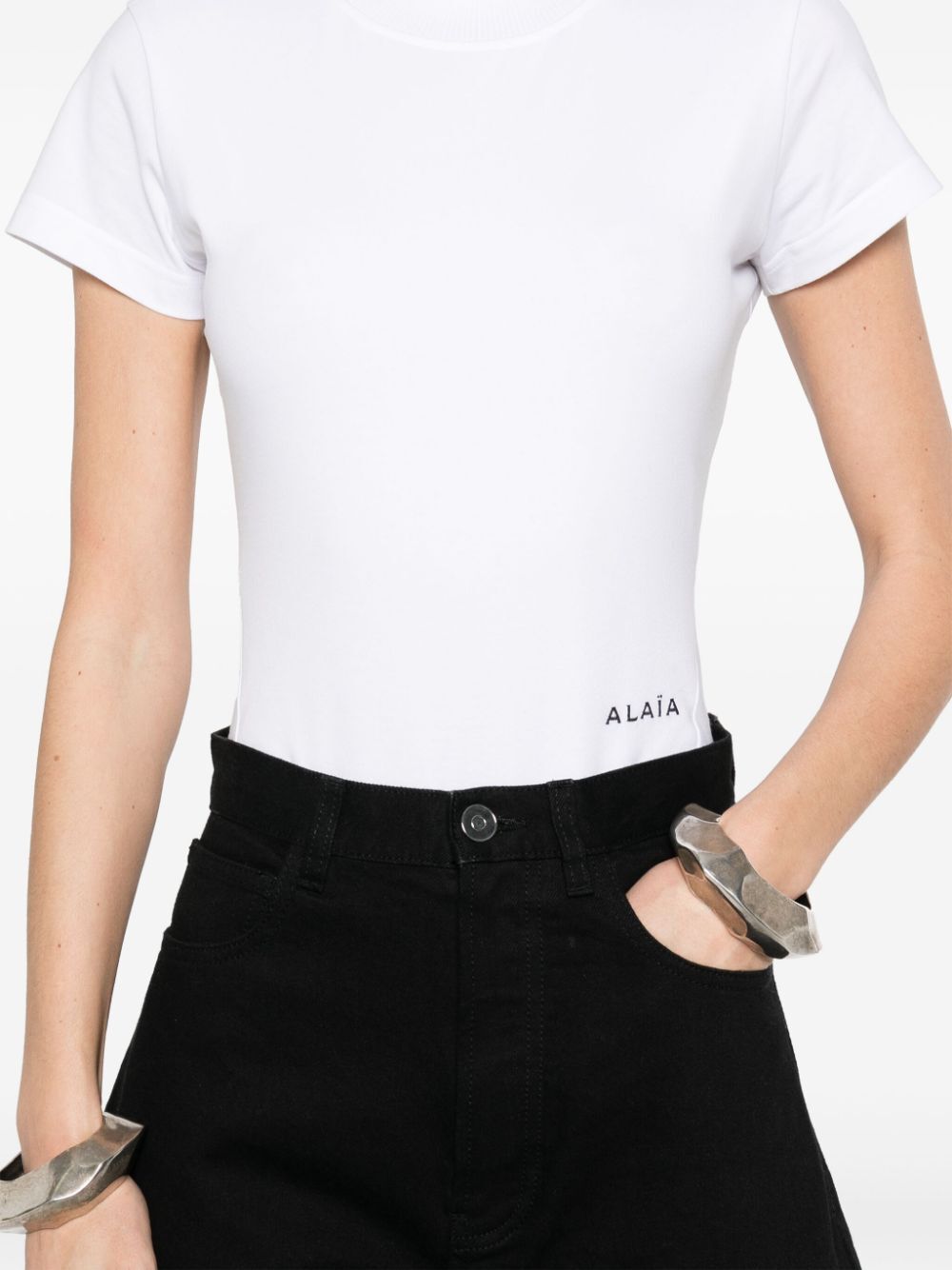 ALAÏA Logo-Embroidered Close Fit Bodysuit T-Shirt