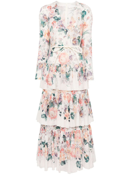 ZIMMERMANN Printed Cotton Long Dress with Deep V-Neck and Removable Belt