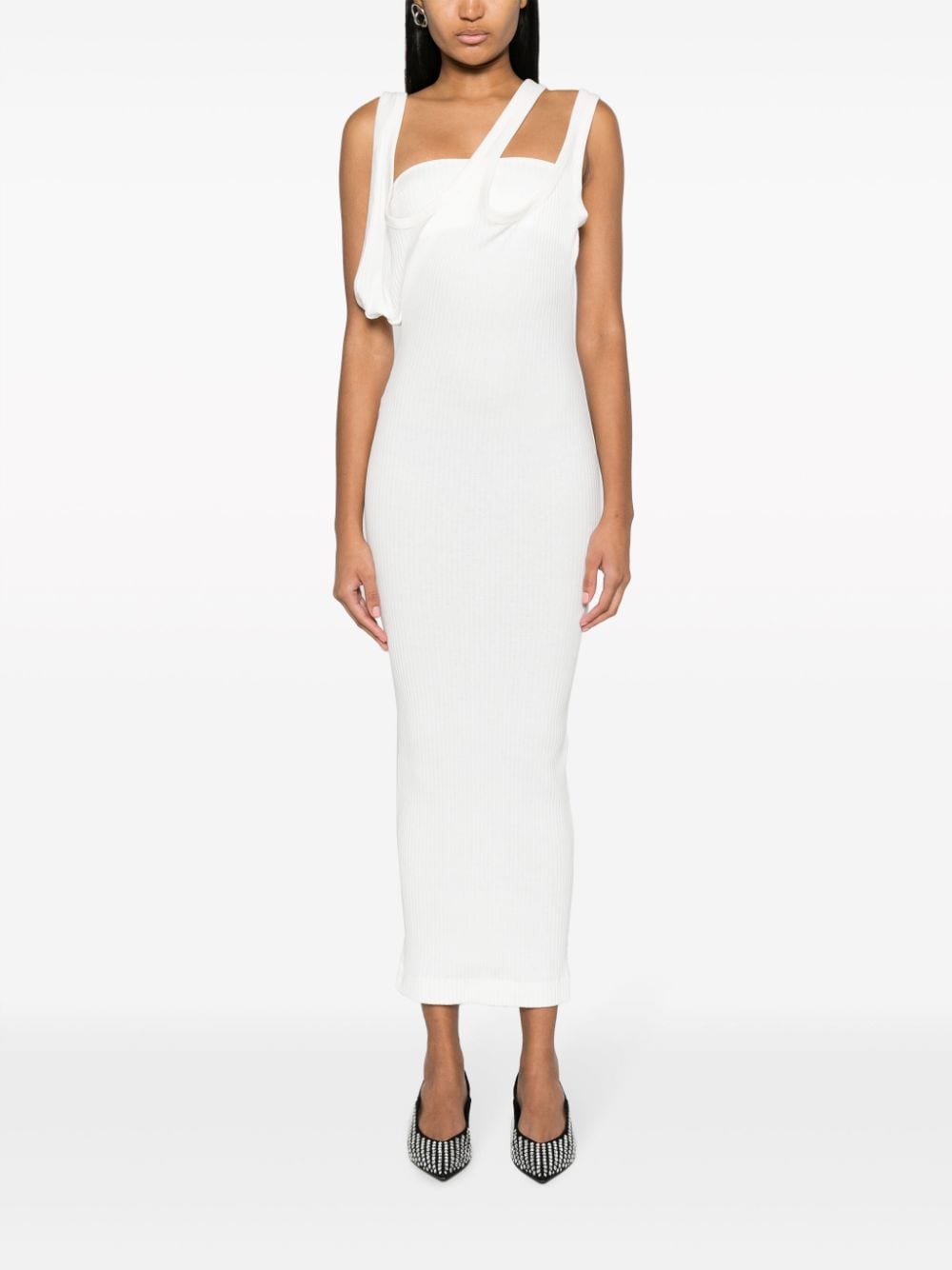 THE ATTICO Asymmetric-Neckline Ribbed Midi Dress