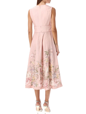 ZIMMERMANN Elegant Floral Linen Midi Dress with Bow Detail