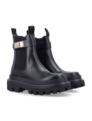 DOLCE & GABBANA Chic Combat Leather Boots with Gold-Tone Accent