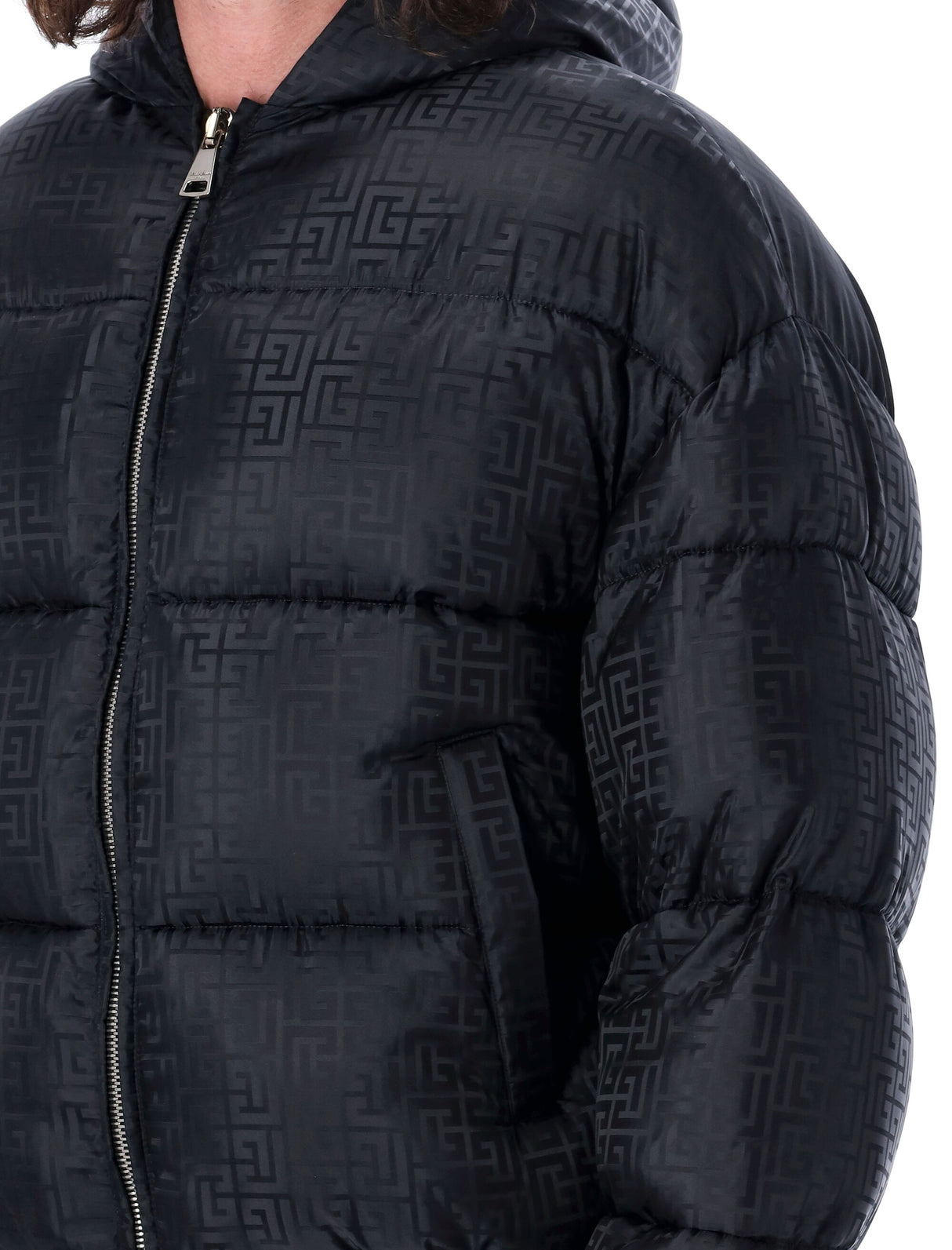 BALMAIN Signature Monogram Down Jacket with Hood