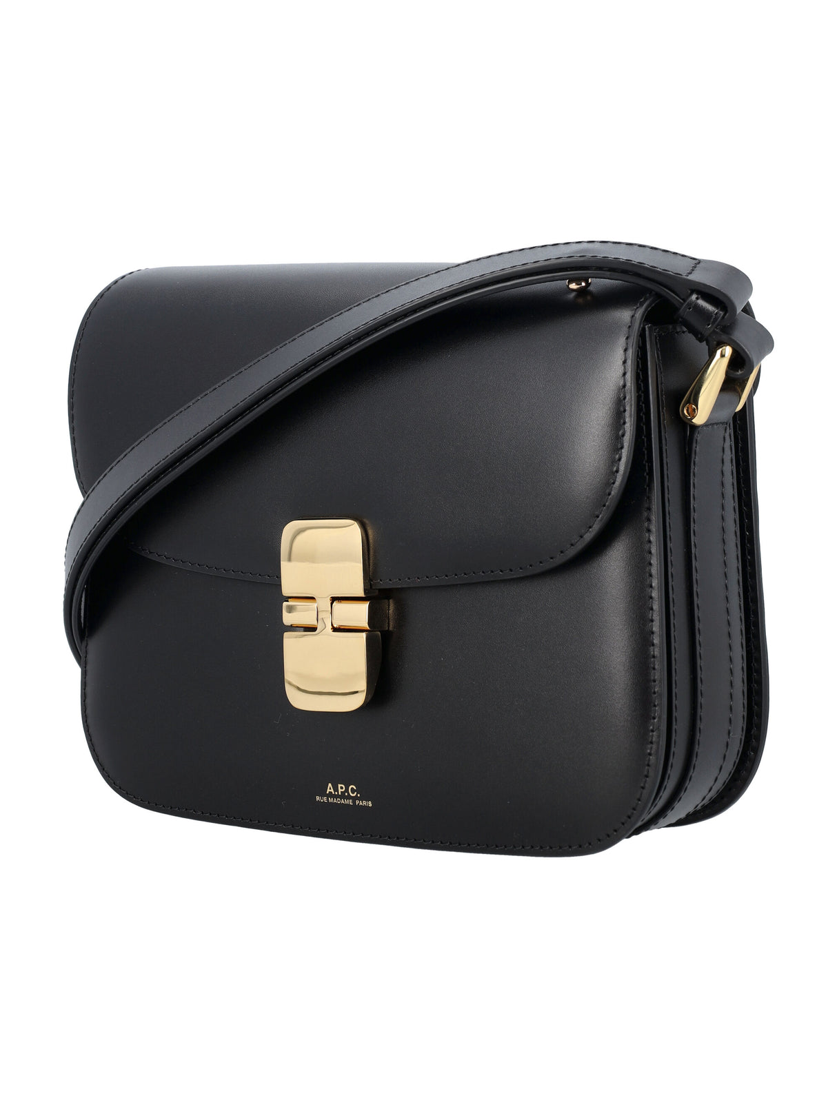 A.P.C. Elegant Mini Trapezoidal Leather Handbag with Gold Accents