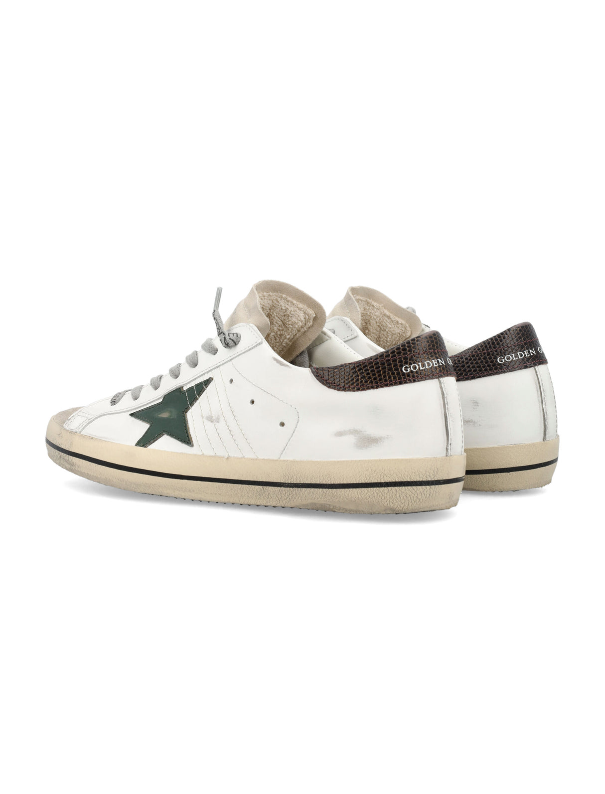 GOLDEN GOOSE Superstar Leather Sneakers in White Pearl with Green and Brown Accents