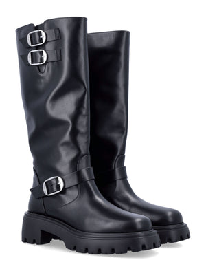 STUART WEITZMAN Knee-High Moto Boot with Buckle Details