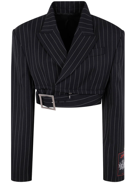 JEAN PAUL GAULTIER Pinstripe Wool Cropped Tailored Jacket with Zip Off Belt