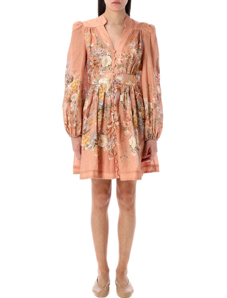 ZIMMERMANN Plunge V-Neck Mini Dress with Blouson Sleeves