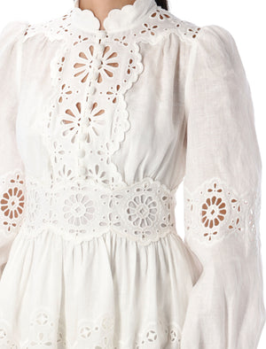 ZIMMERMANN Embroidered Mini Dress with Stand Collar and Scallop Hem