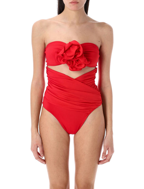 MAGDA BUTRYM Strapless Cutout Mini Swimsuit with Flower Embellishment