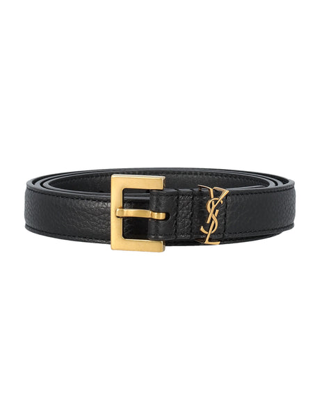 SAINT LAURENT Grained Leather Thin Belt with Square Buckle