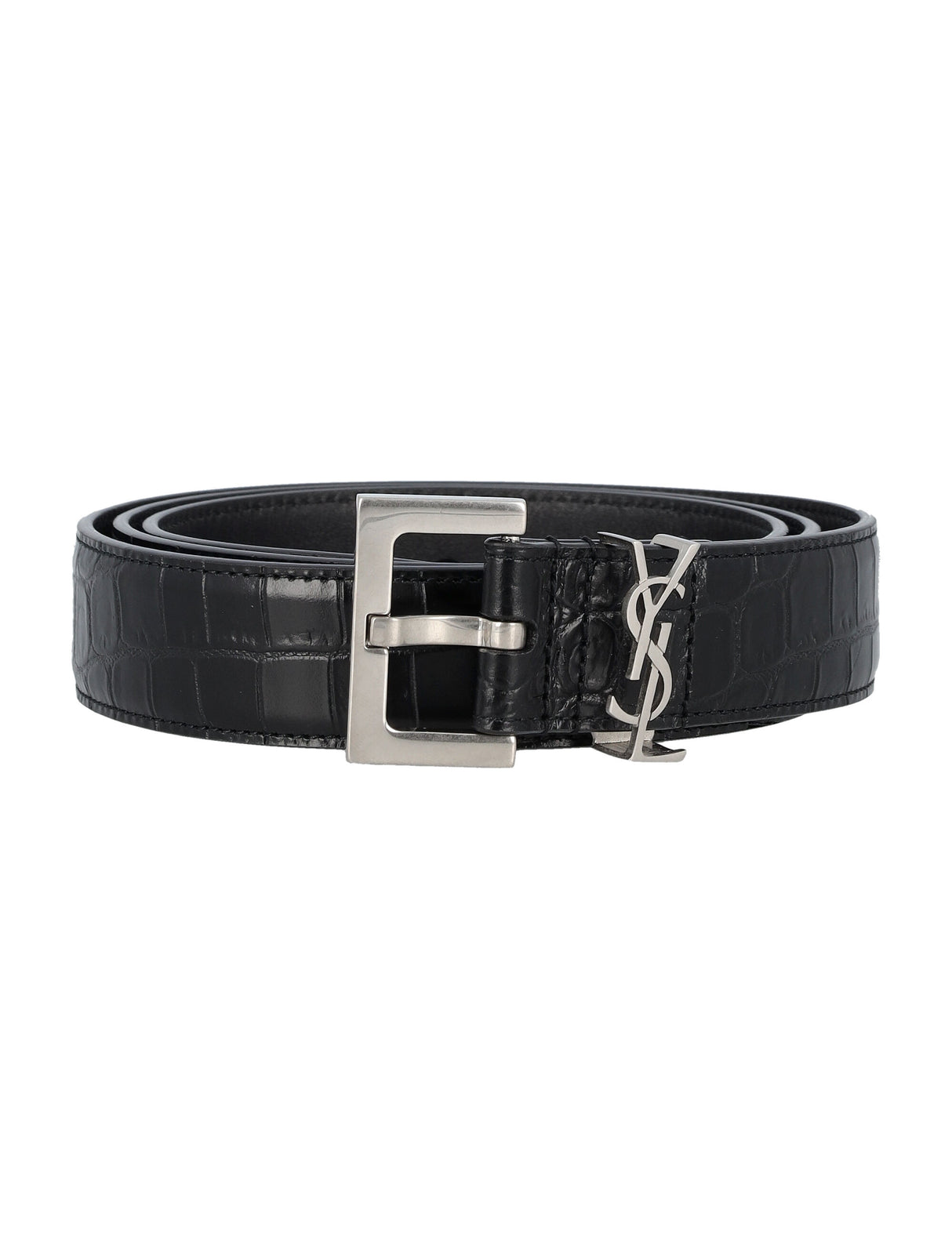 SAINT LAURENT Cassandre Crocodile-Embossed Leather Belt - 3cm Width