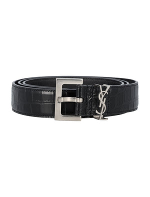 SAINT LAURENT Cassandre Crocodile-Embossed Leather Belt - 3cm Width