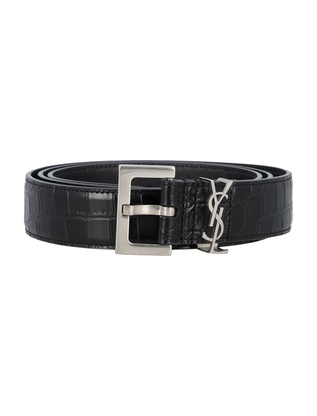 SAINT LAURENT Cassandre Crocodile-Embossed Leather Belt - 3cm Width