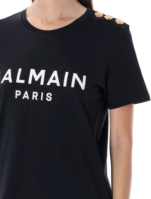 BALMAIN Long Fit Flocked T-Shirt with Decorative Buttons - Size S