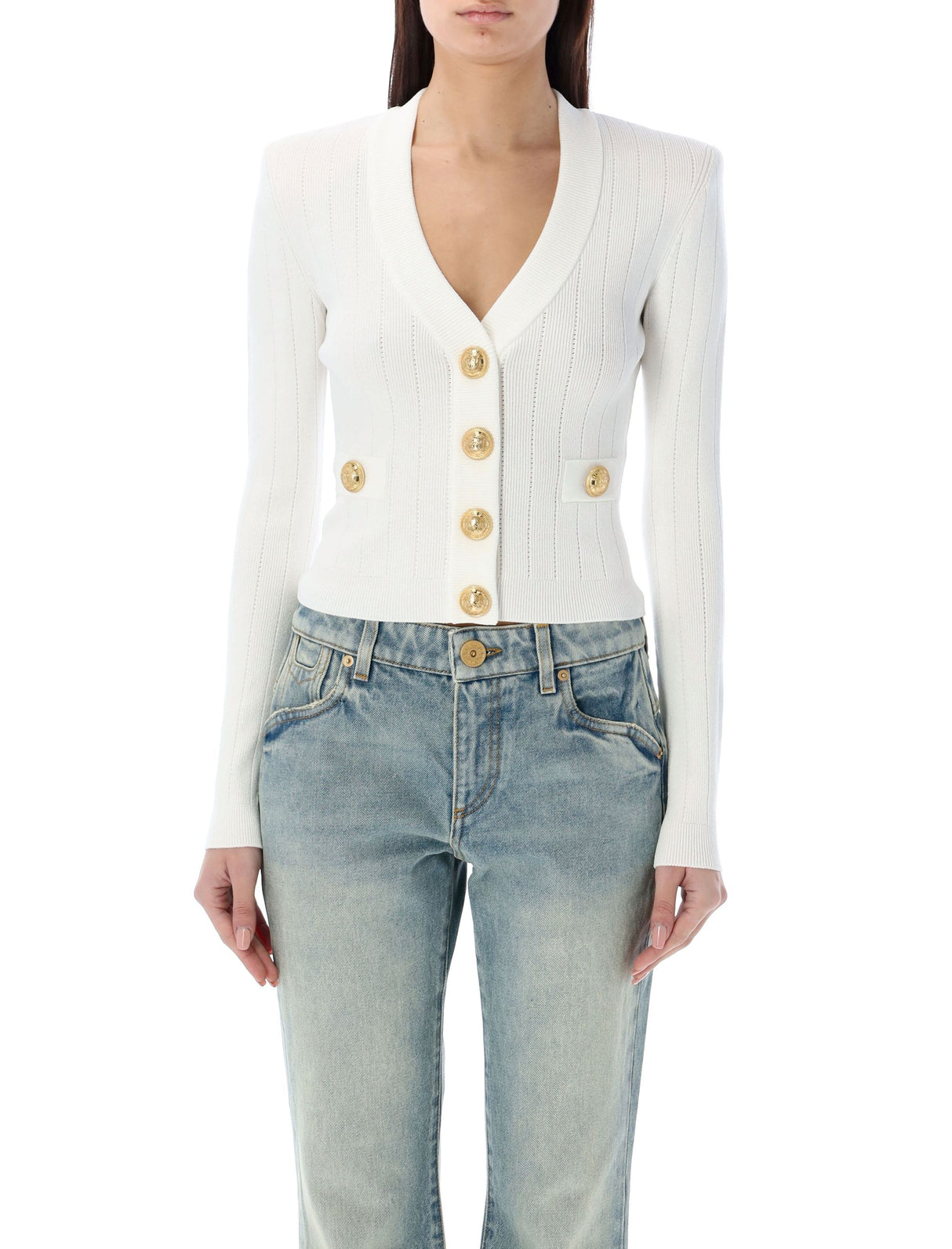 BALMAIN Knit Cardigan with Gold Buttons - Size 36