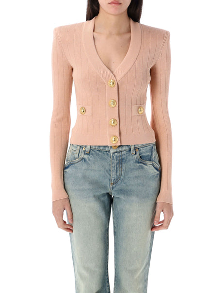 BALMAIN V-Neck Gold Buttons Knit Cardigan with Shoulder Pads - Size 36