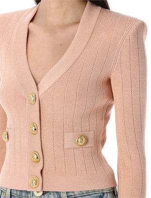 BALMAIN V-Neck Gold Buttons Knit Cardigan with Shoulder Pads - Size 36