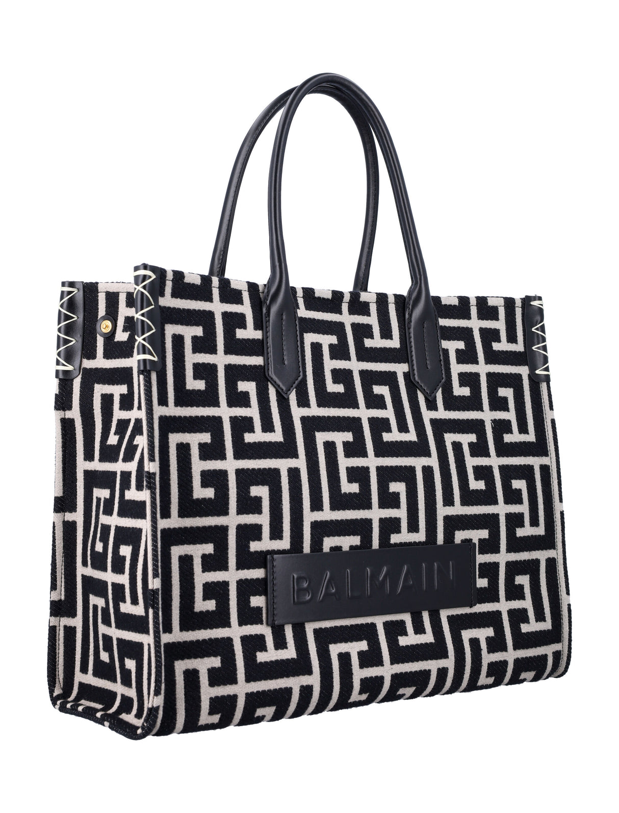 BALMAIN Monogram Jacquard and Leather 42 Tote Handbag