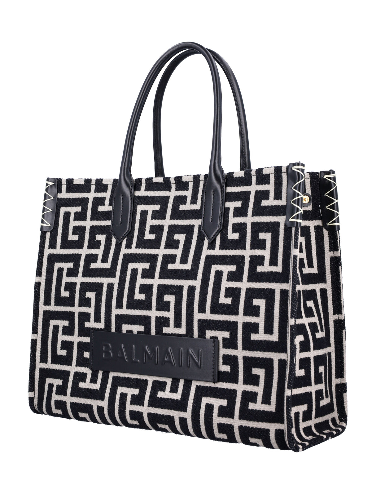 BALMAIN Monogram Jacquard and Leather 42 Tote Handbag