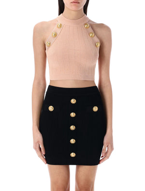 BALMAIN Cropped 6-Button Knit Halterneck Top