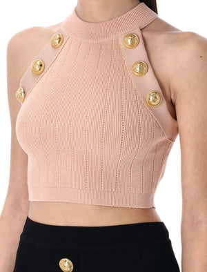 BALMAIN Cropped 6-Button Knit Halterneck Top