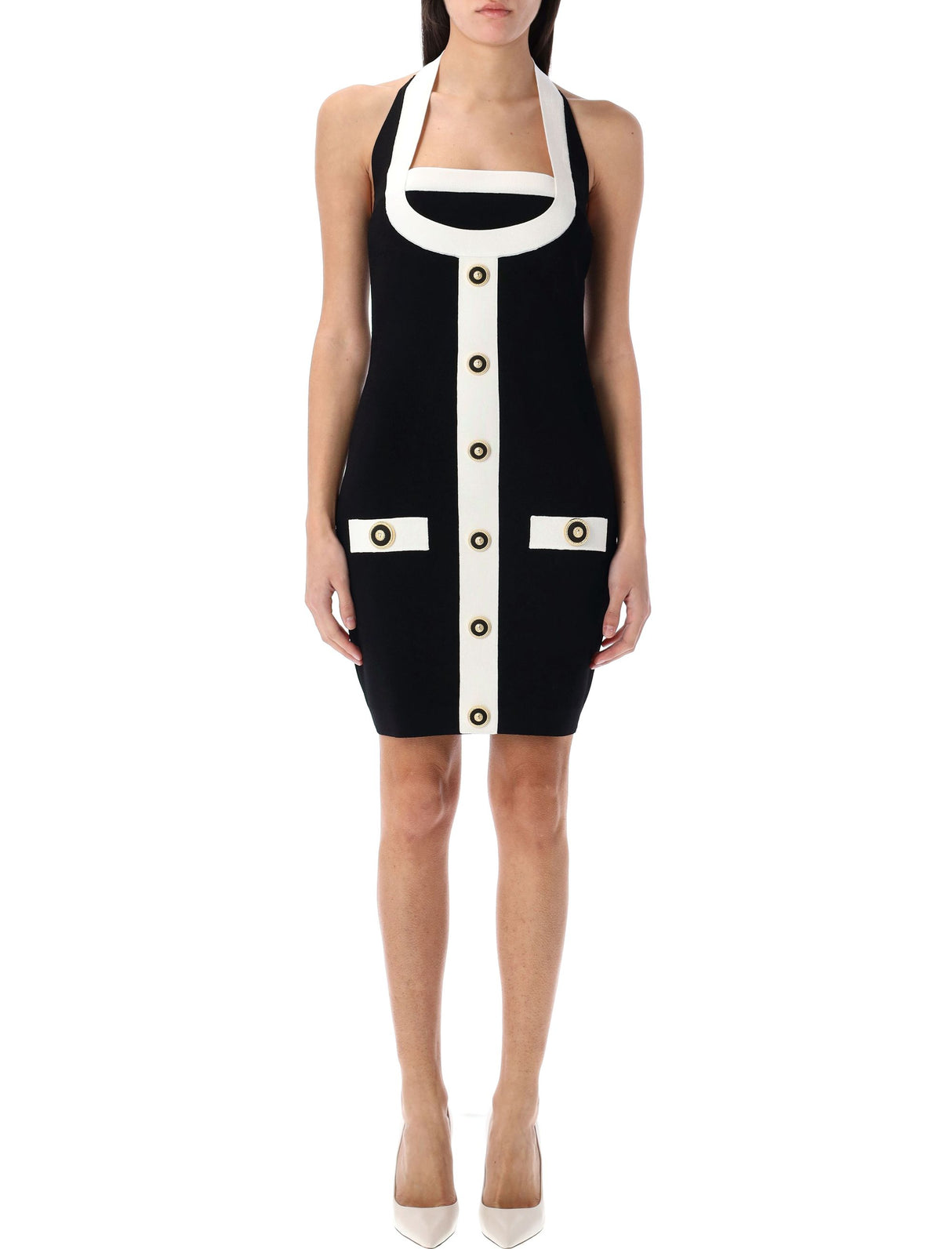 BALMAIN Two-Tone Halterneck Knit Mini Dress - Size 38