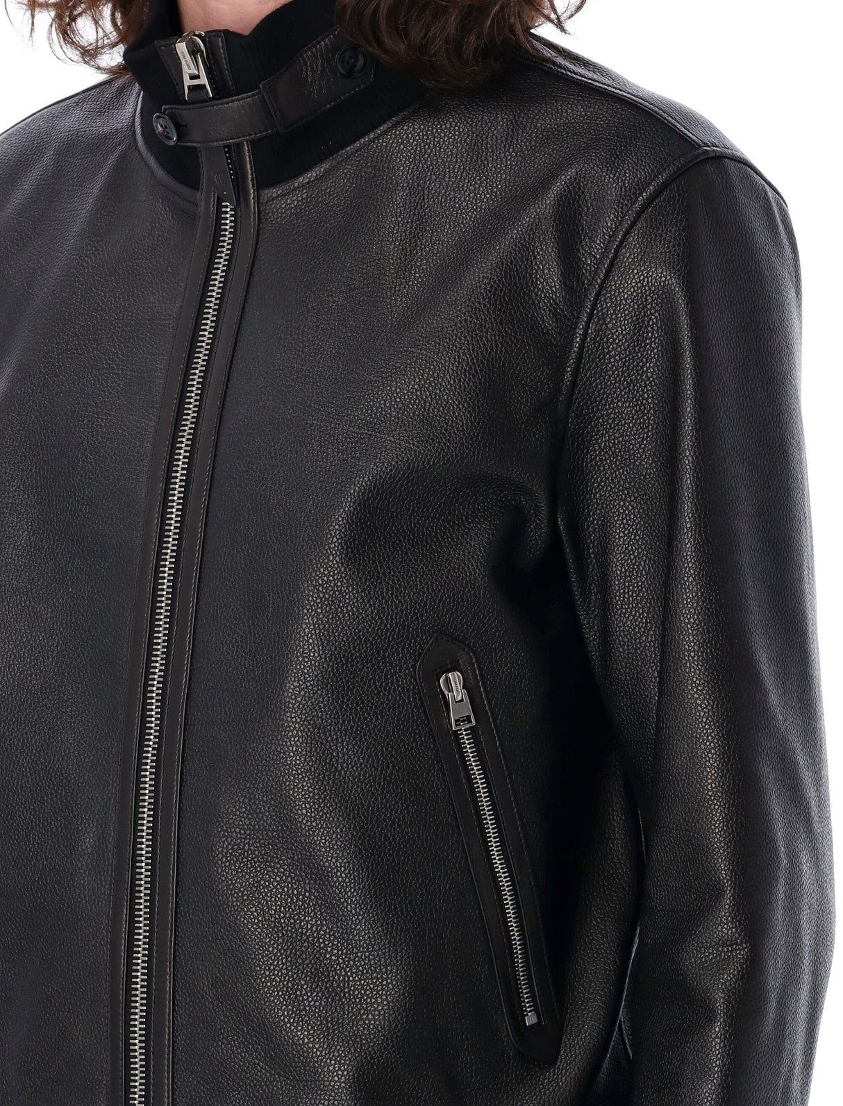 TOM FORD Funnel Neck Grain Leather Bomber Jacket - Size 50