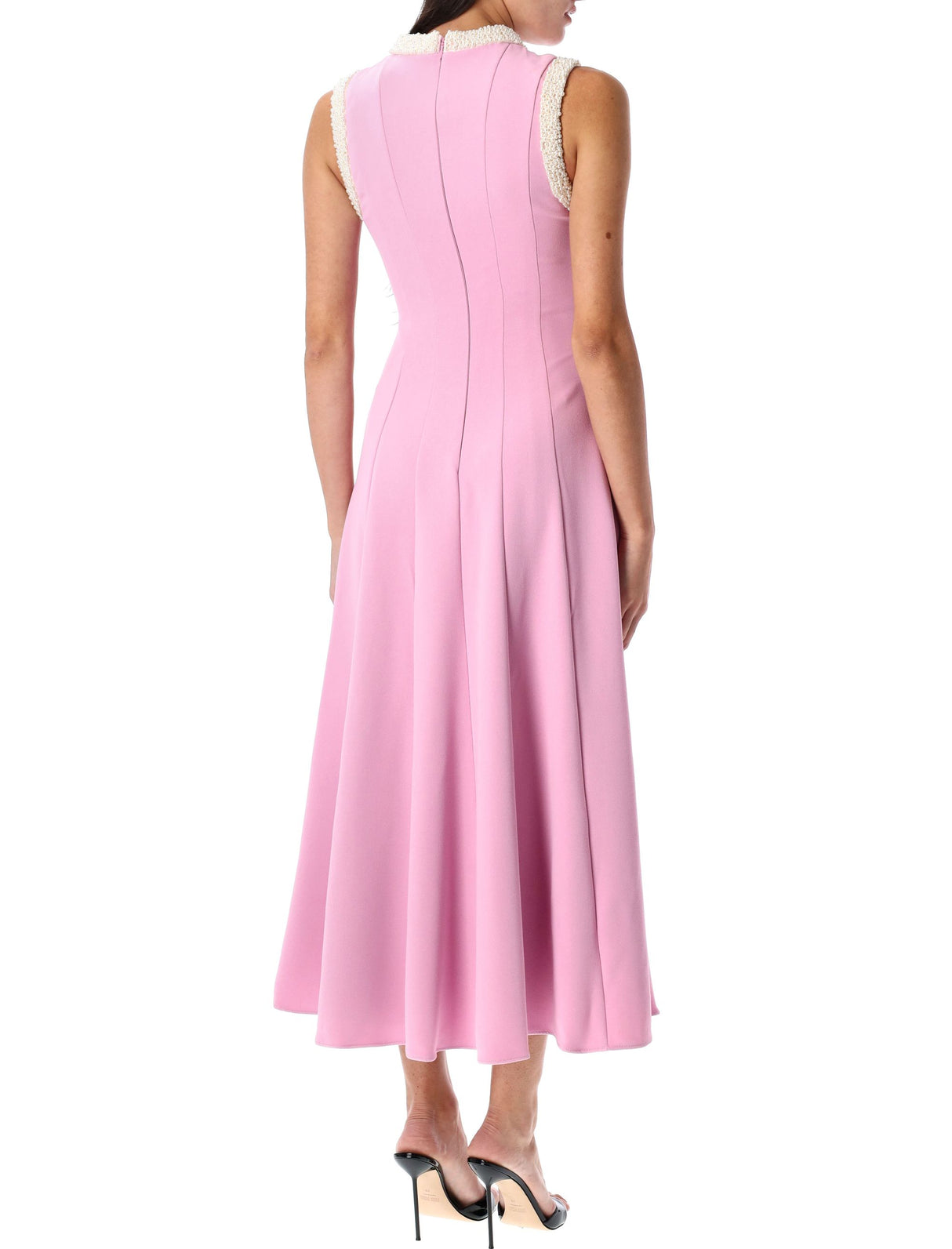 SELF-PORTRAIT Flared Pearl Trim Midi Dress - Size 6