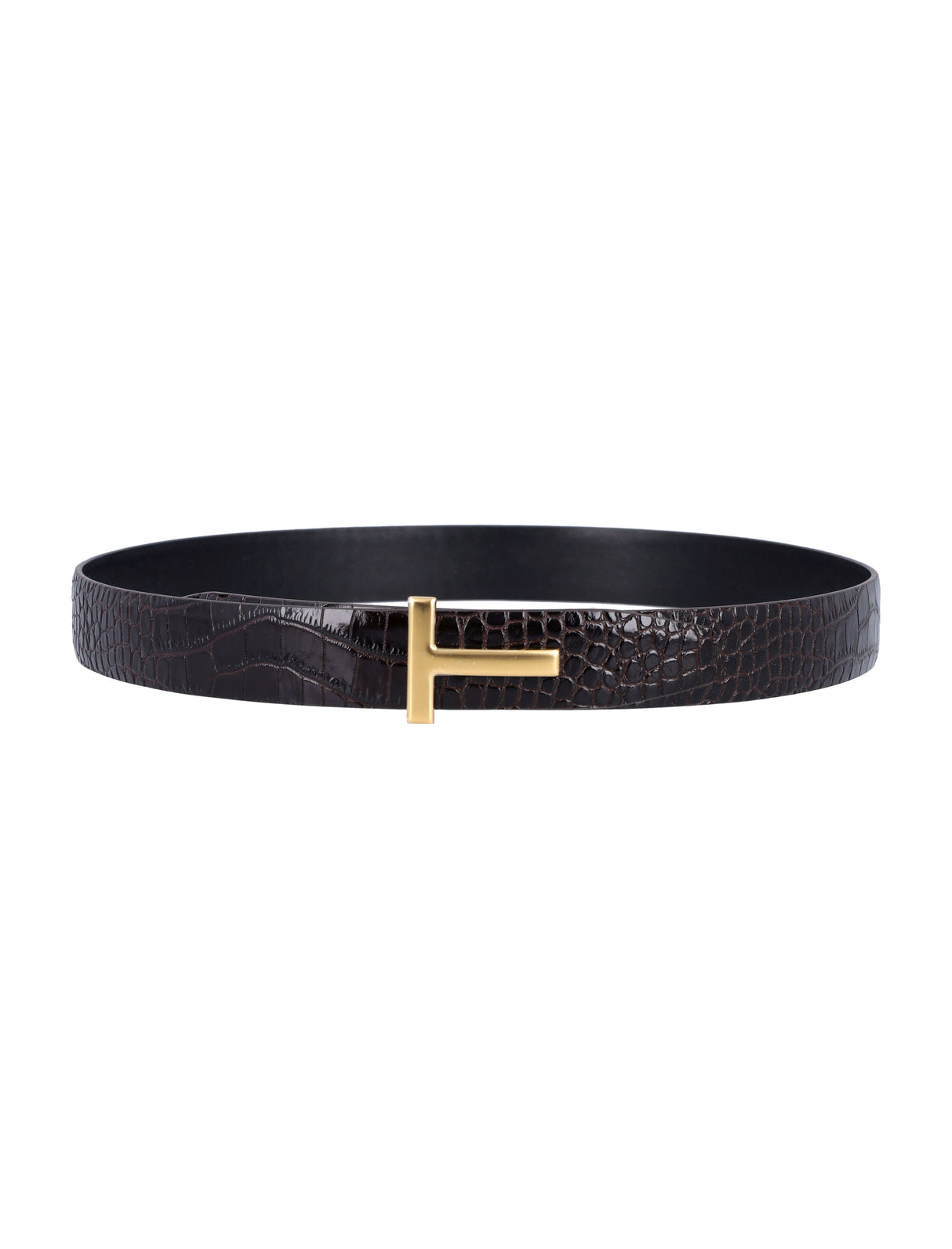 TOM FORD Leather T Belt with Crocodile Motif - 3cm Height