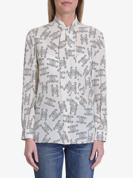 CELINE Silk Blouse with Logo Print and Pussy-Bow Collar