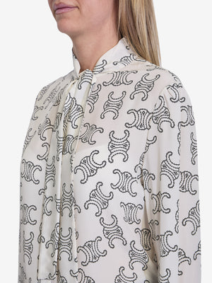 CELINE Silk Blouse with Logo Print and Pussy-Bow Collar