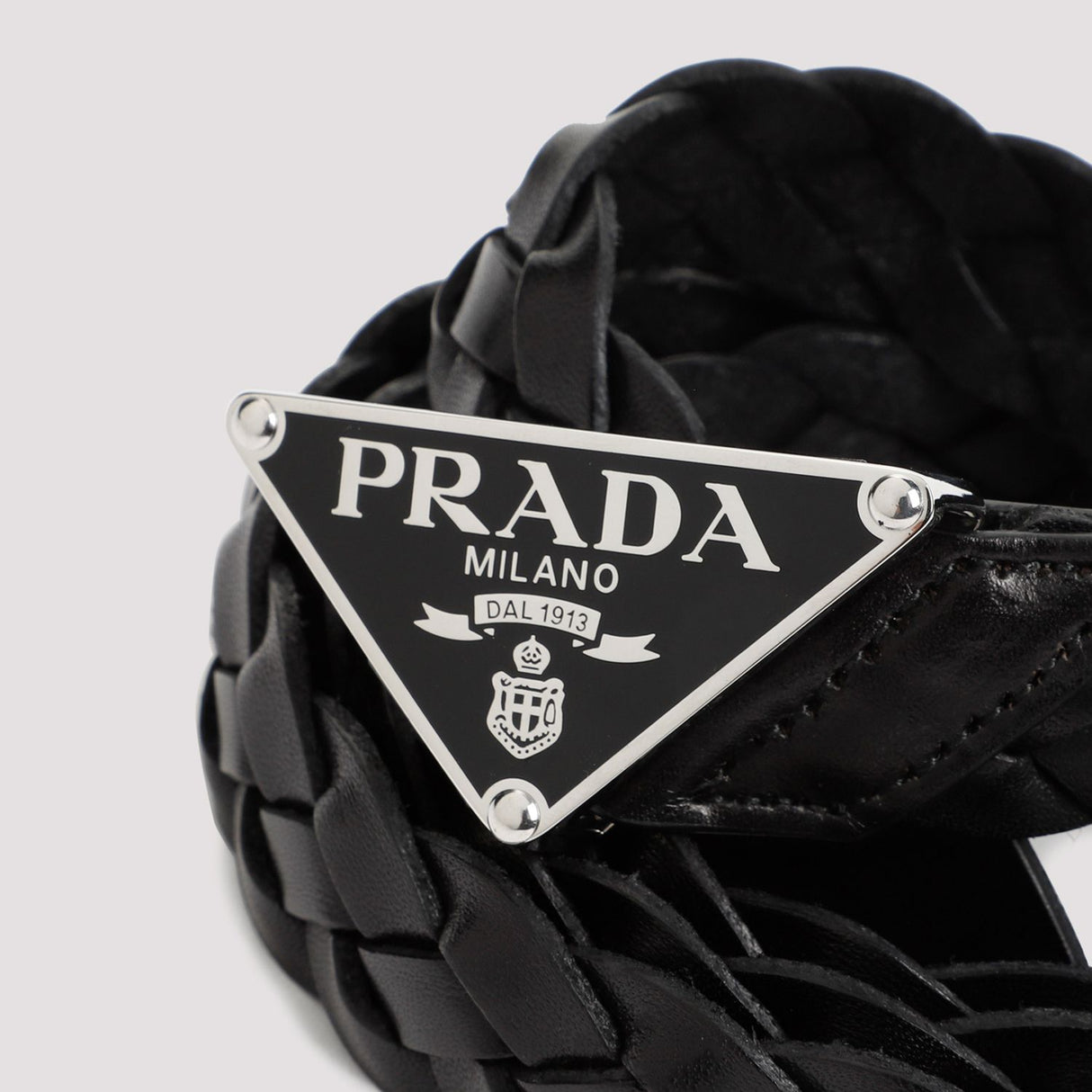 PRADA Premium Woven Leather Belt with Triangle Logo Buckle